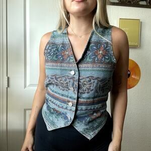 VTG Vivaldi Jeanswear Blue Floral Button Front Denim Waistcoat Western Vest Sz M